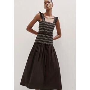 ME+EM Cotton Poplin Contrast Stitch Midi Nap Dress Chocolate Brown 10 Smocked